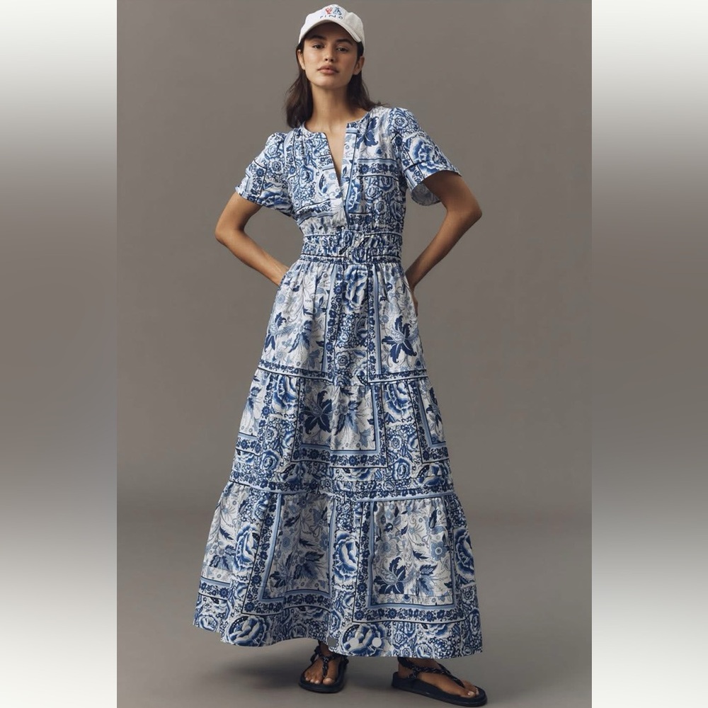 Anthropologie Somerset Maxi Dress Tiered Cotton White Blue Small Petite New